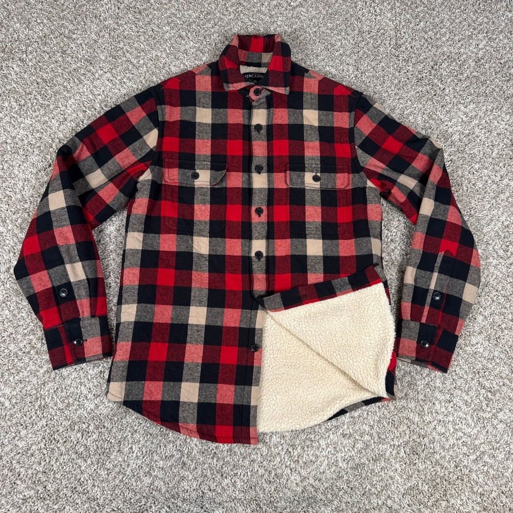 J Crew Shirt Jacket Mens XS Red Black Plaid Flannel Sherpa Lined Button Up G7023